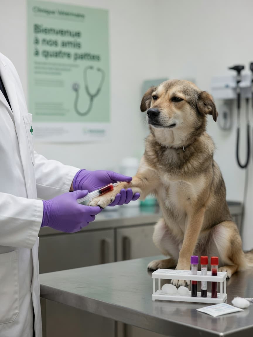Veterinarian drawing blood from a dog during a blood test examination