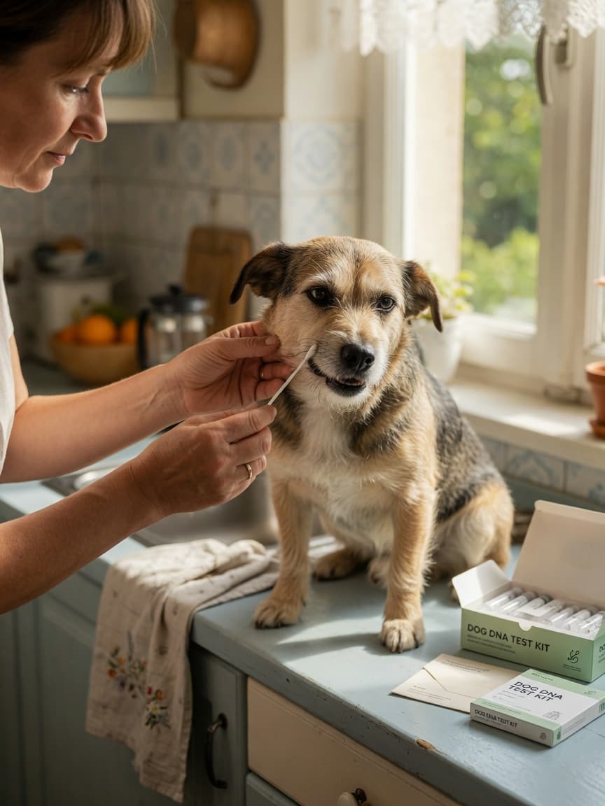 Dog owner collecting a cheek swab sample from their dog for DNA testing at home with natural kitchen lighting