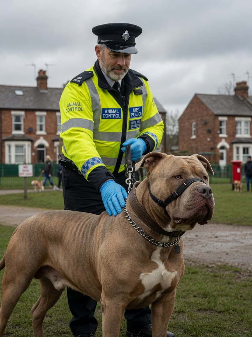A police officer in uniform with a muzzled XL Bully on lead in a UK public park setting