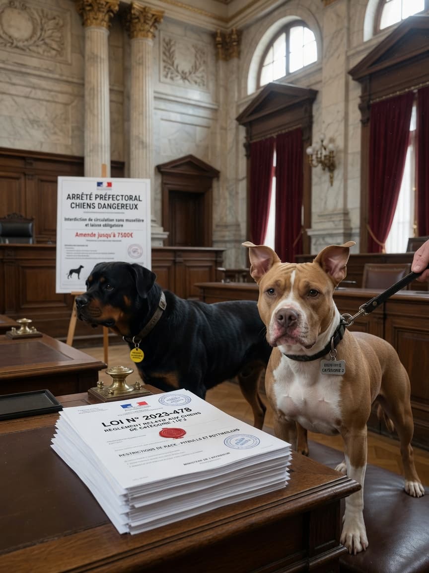A formal government interior setting with legal documents and two restricted dog breeds, representing breed-specific legislation across Europe