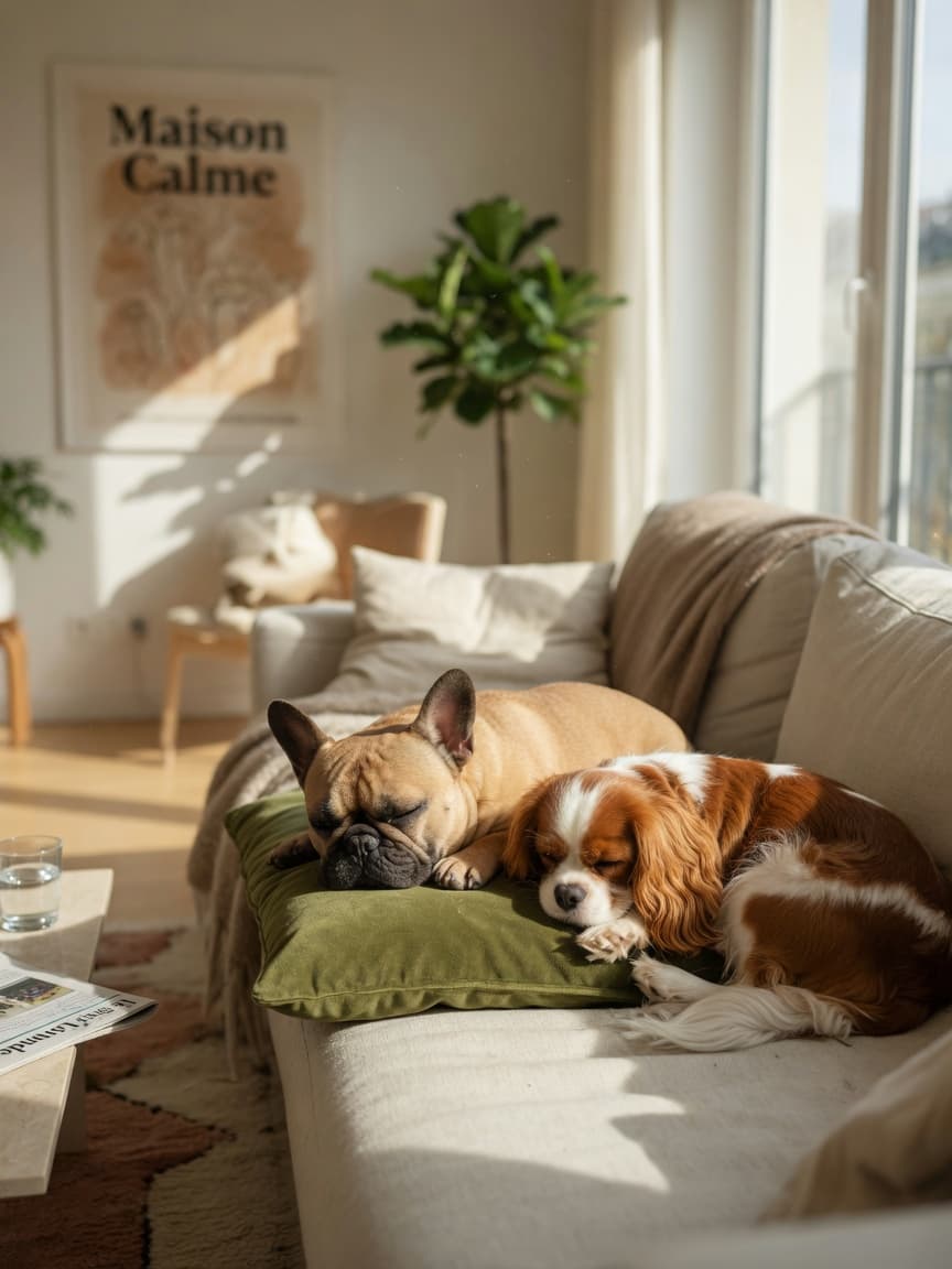 French Bulldog and Cavalier King Charles Spaniel relaxing together on a sofa in a bright apartment living room
