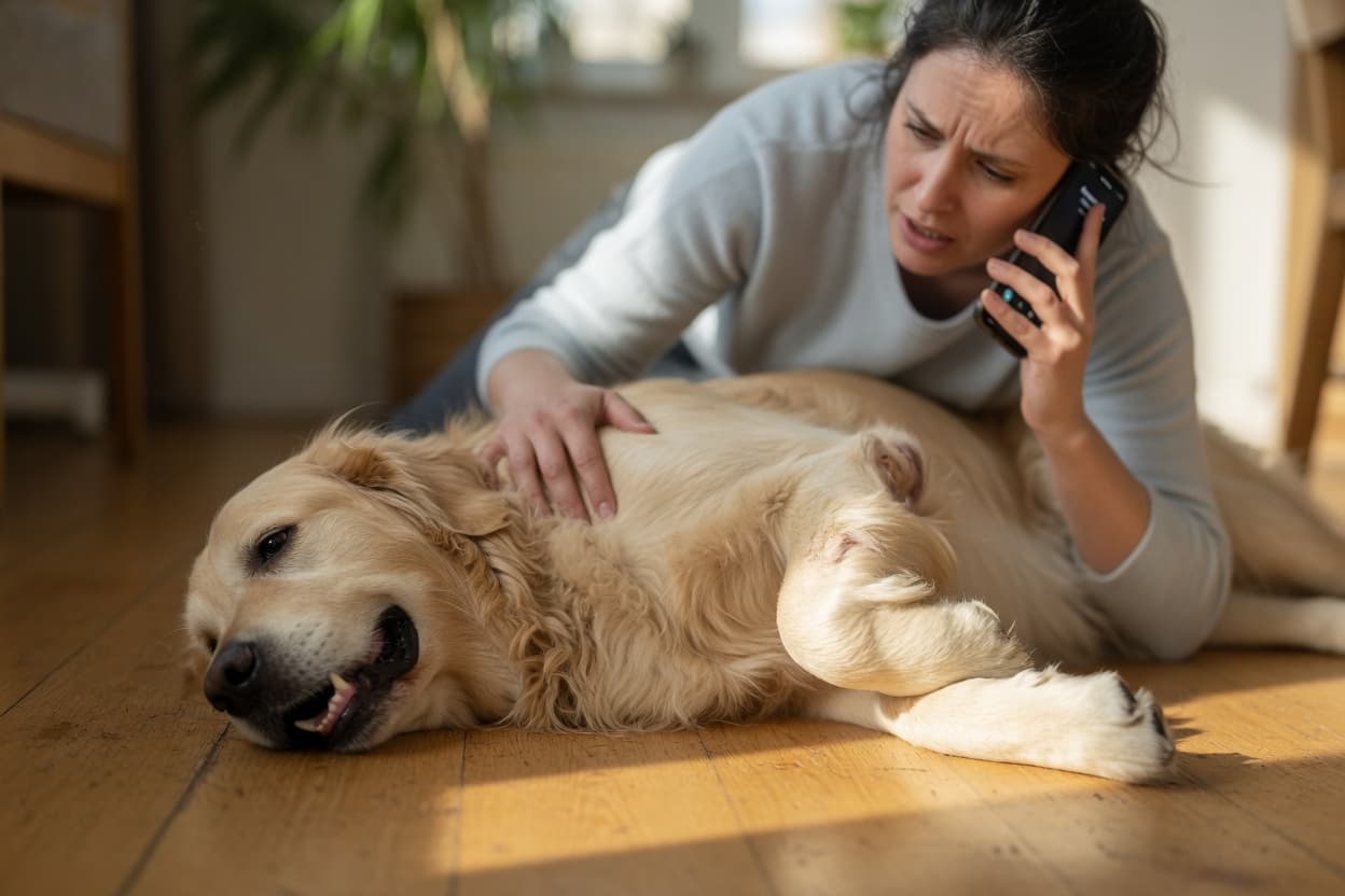 Golden Retriever with injured front leg and pale gums lying on floor while owner calls emergency vet
