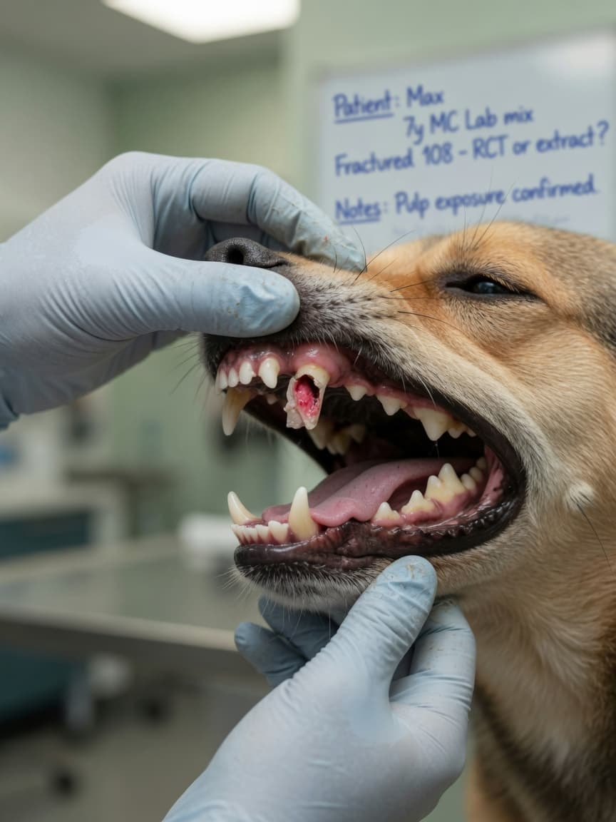 Close-up of a dog's broken tooth showing pink pulp exposure, with a veterinarian's gloved hand gently examining the dental injury during an oral inspection