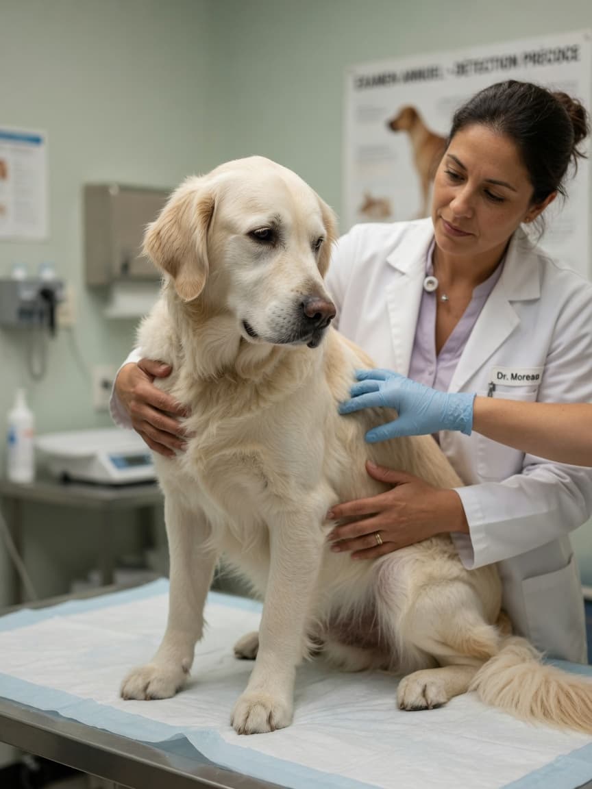 Veterinarian performing a thorough physical examination on a golden retriever during a cancer screening appointment
