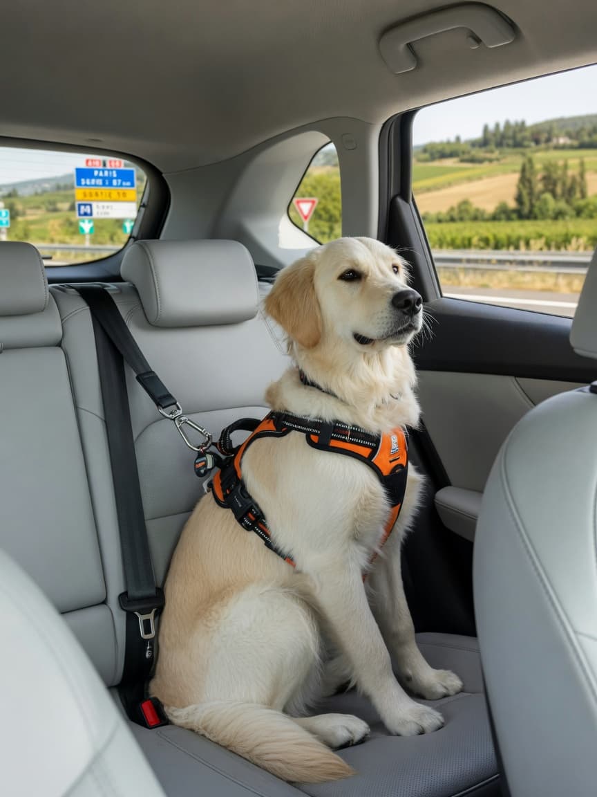 Golden retriever properly restrained with crash-tested harness in car back seat during European road trip