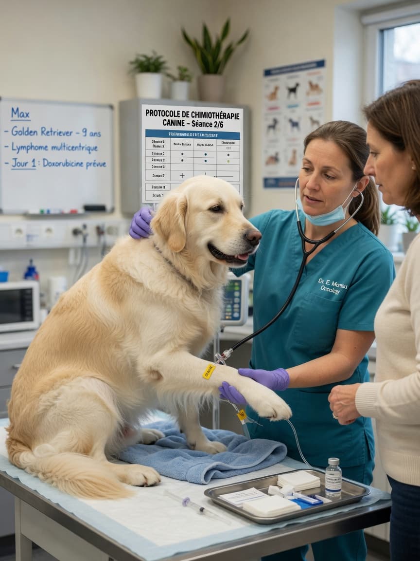 Veterinary oncologist administering intravenous chemotherapy to a golden retriever while owner observes in clinic setting