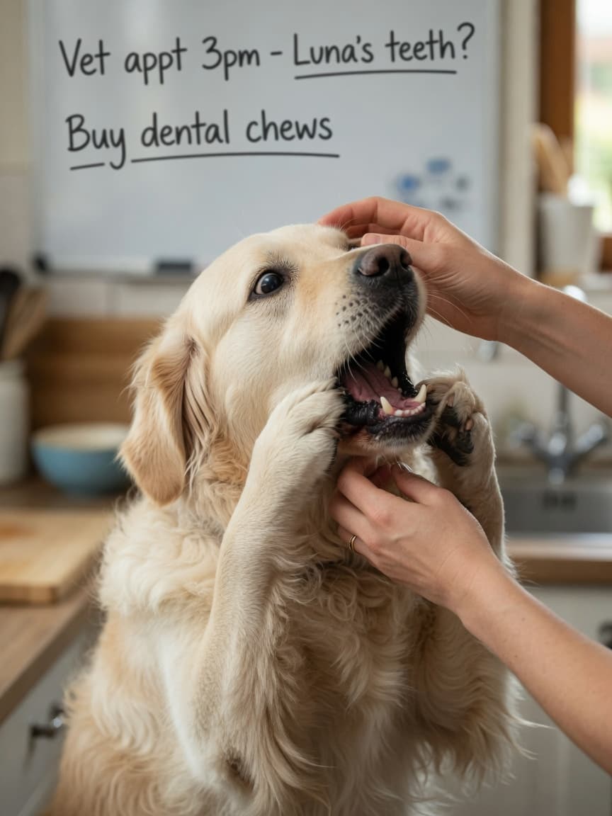 Golden retriever showing signs of choking with owner attempting to open mouth for inspection