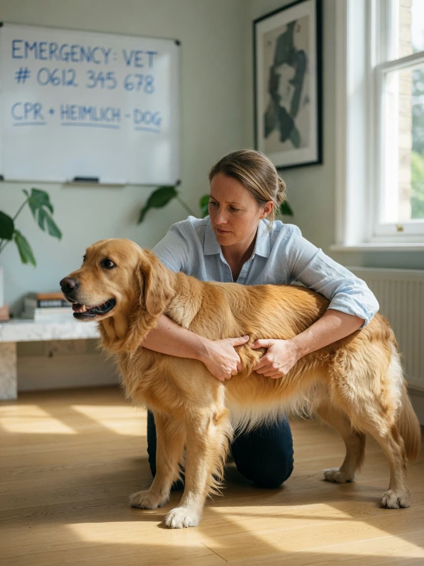 Dog owner performing the Heimlich maneuver on a medium-sized golden retriever, demonstrating proper hand placement below the rib cage for abdominal thrusts