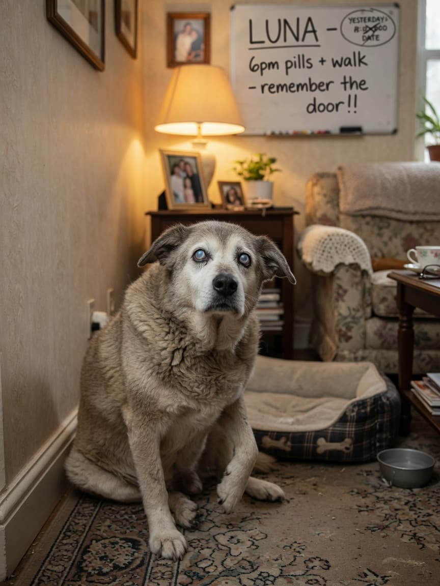Elderly senior dog appearing confused and disoriented in a familiar home, showing signs of canine cognitive dysfunction
