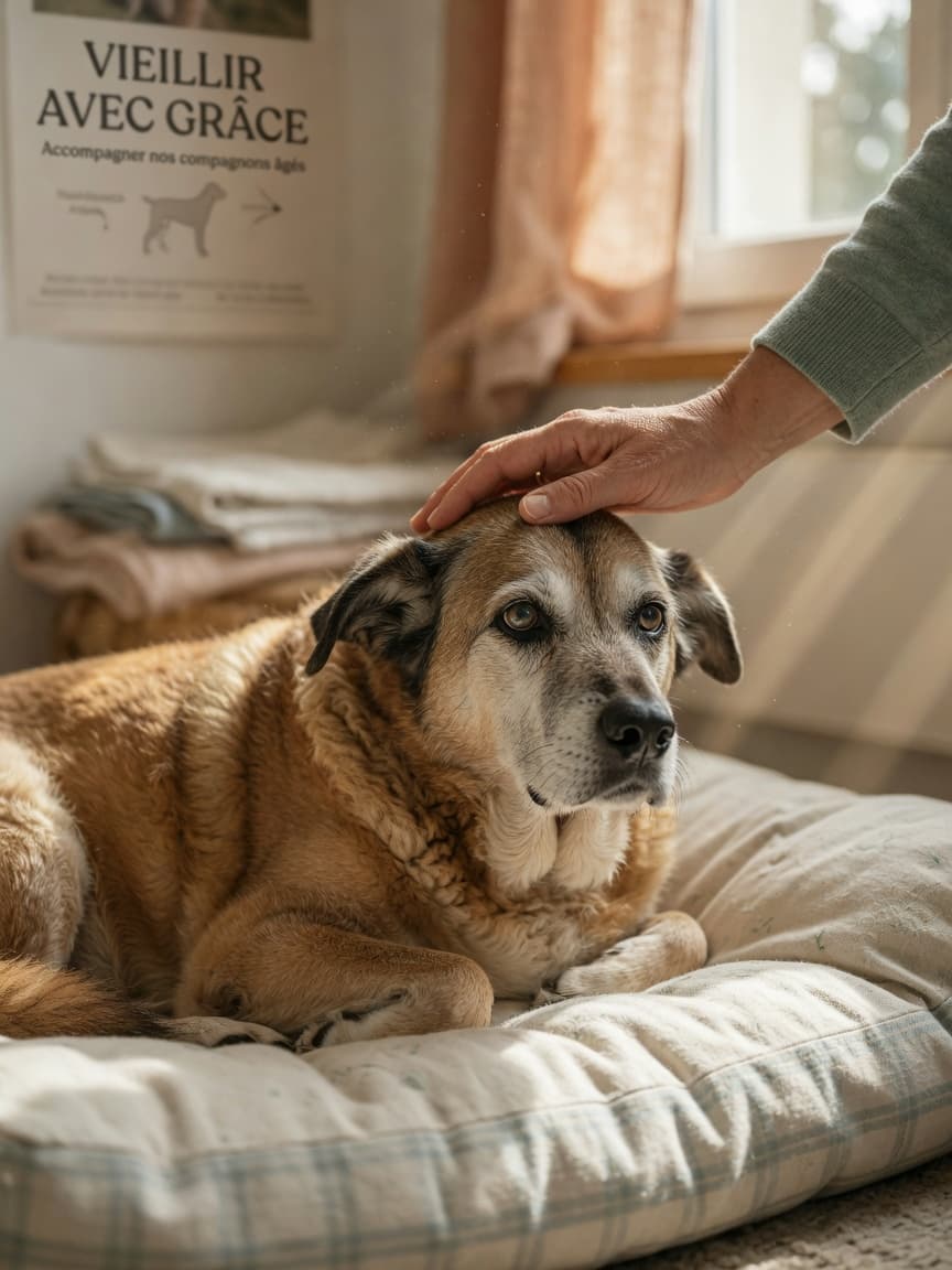 Elderly senior dog with greying muzzle lying on a soft bed, appearing confused, with owner's hand gently resting on its head in a sunlit room