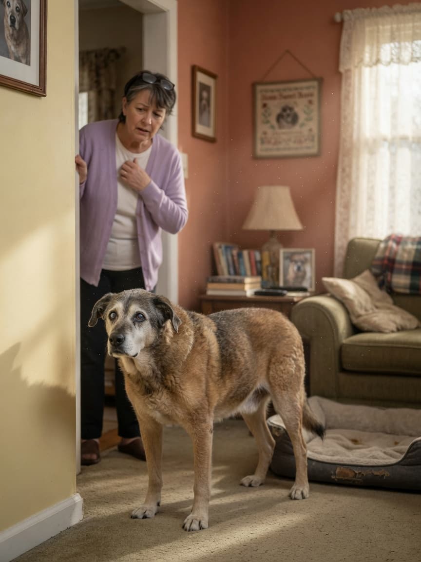 Elderly senior dog standing disoriented in a corner, staring at a wall with a blank expression, while a concerned owner watches from a doorway in warm afternoon light.