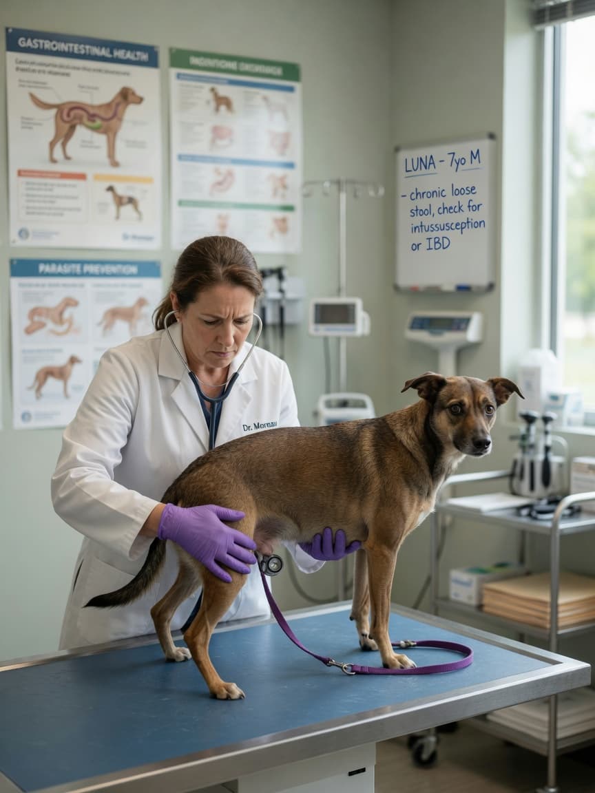 Veterinarian examining a dog's abdomen during a clinical consultation for digestive issues