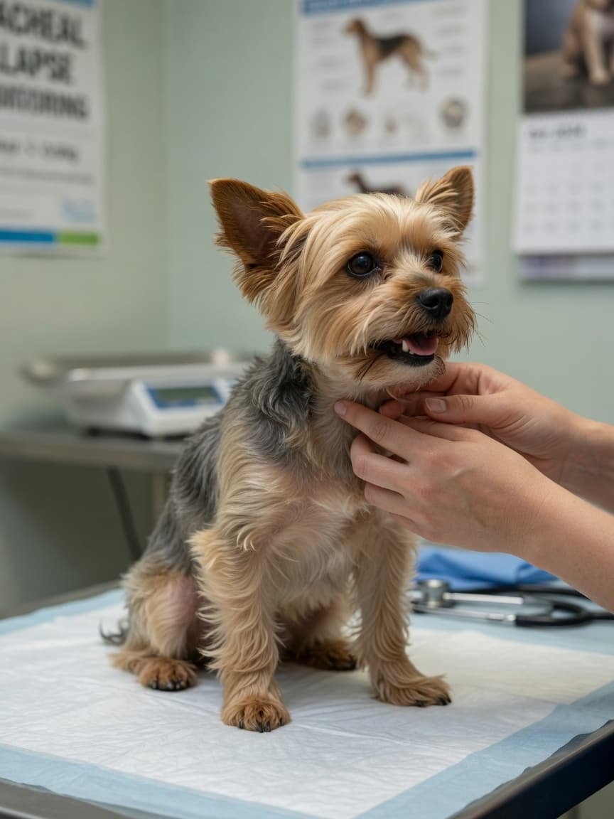Yorkshire Terrier experiencing a coughing episode during veterinary examination of the neck and trachea
