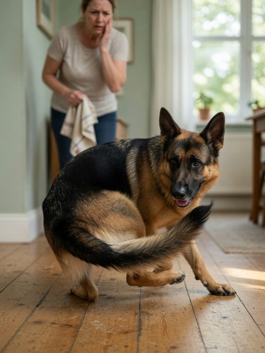 German Shepherd dog obsessively tail-chasing in circles on a home floor while owner watches with concern from background