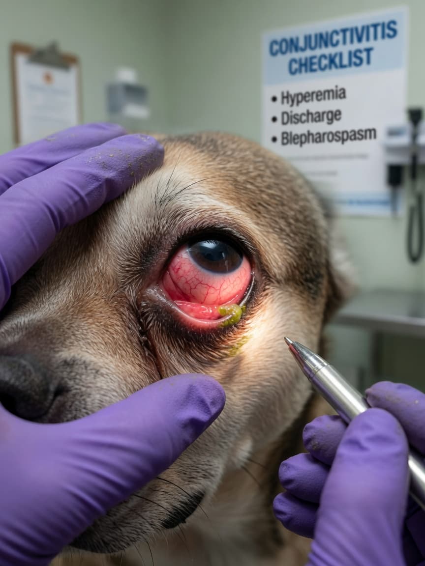 Close-up of a dog's inflamed eye showing red conjunctiva and discharge with veterinarian examining it with a penlight