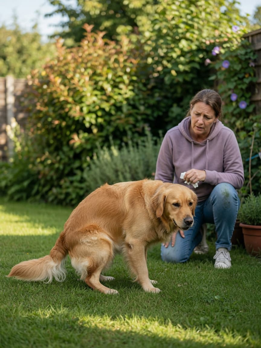 Golden retriever straining during defecation with concerned owner watching in garden