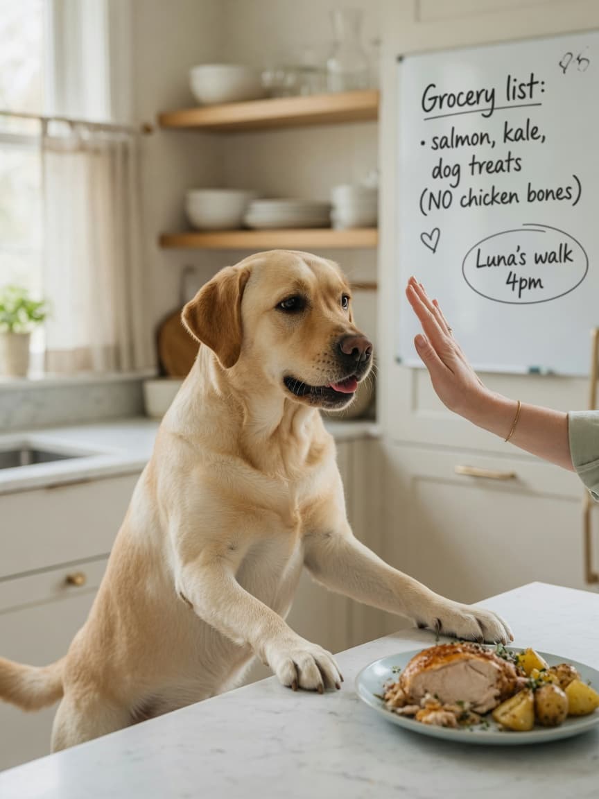 Golden Labrador Retriever with front paws on kitchen counter reaching for food while owner gestures calmly