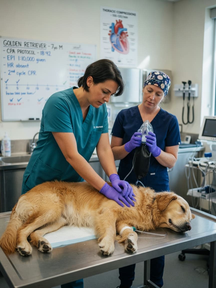 Veterinarian performing chest compressions on an unconscious Golden Retriever during emergency CPR in a veterinary clinic