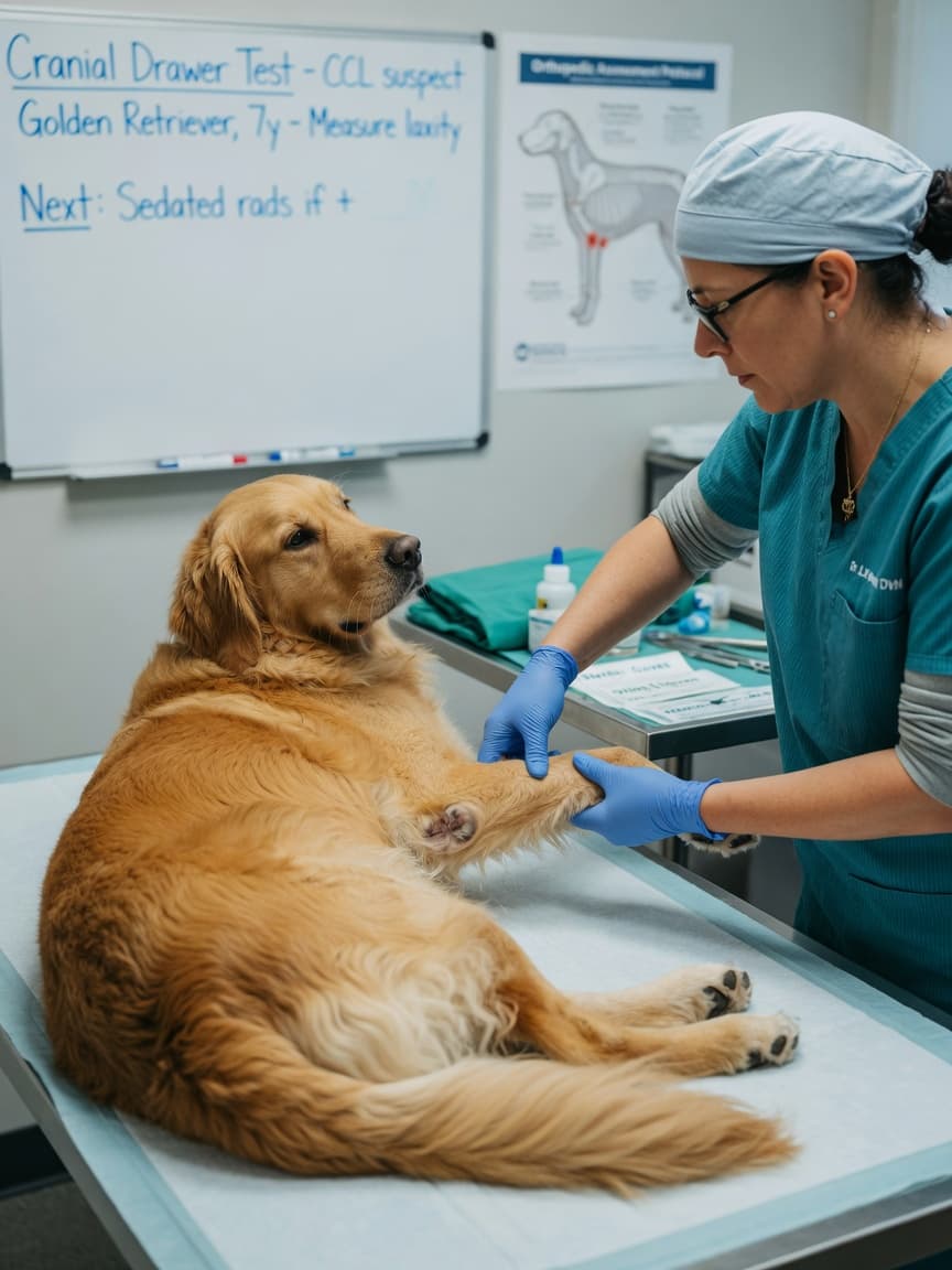 Veterinarian performing drawer sign test on golden Retriever's hind leg during orthopedic examination to assess stifle joint instability