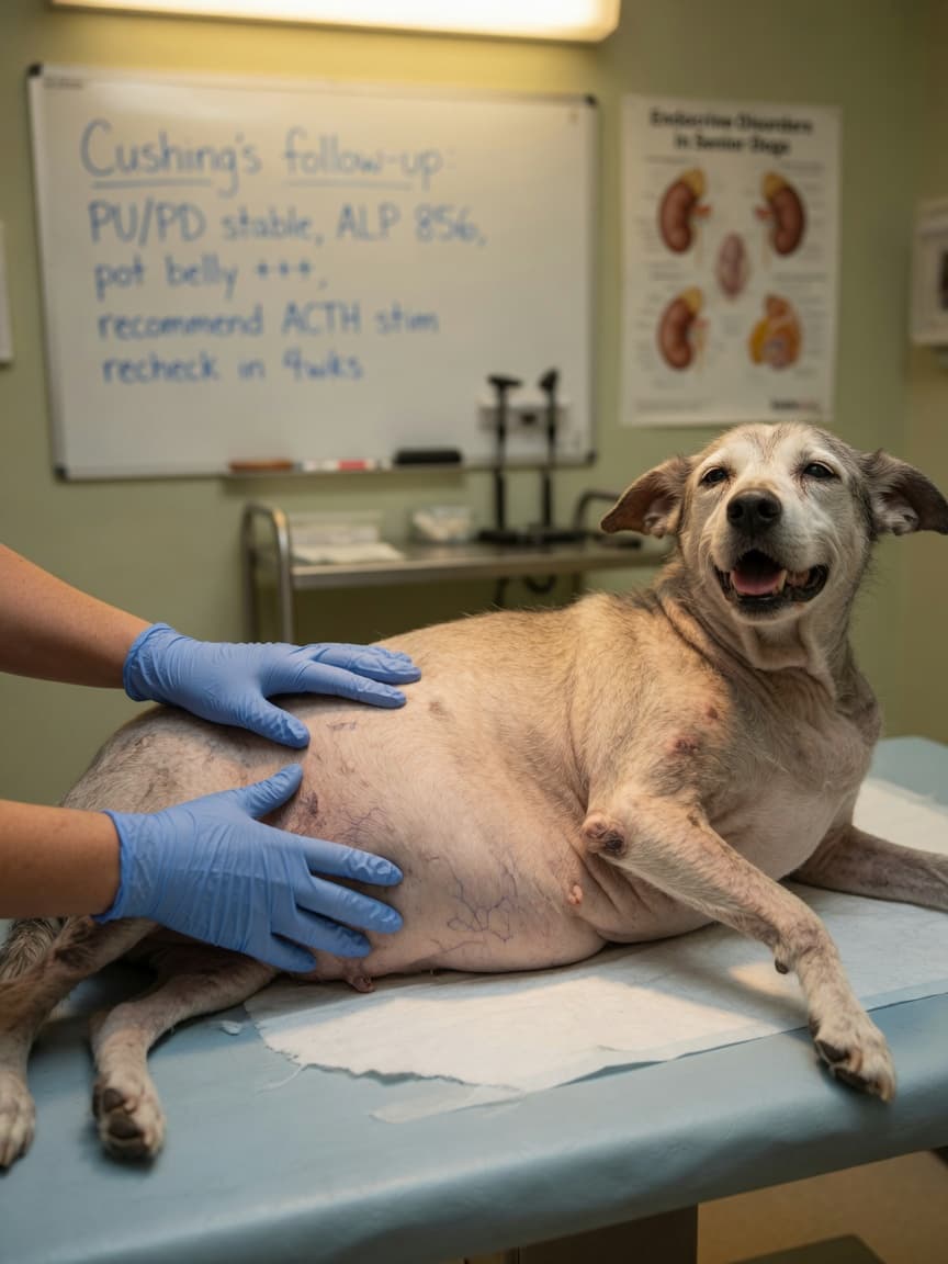 Elderly dog with visible Cushing's disease symptoms being examined by a veterinarian