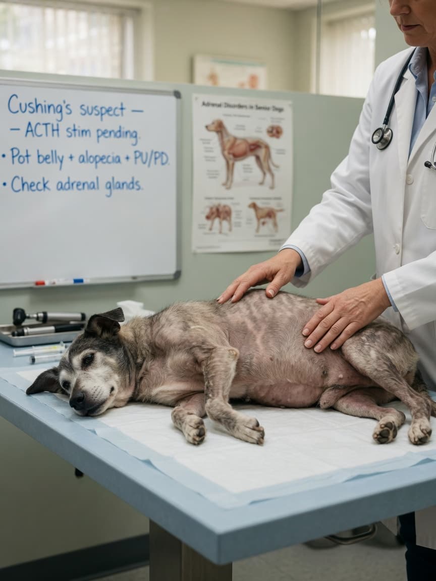 Veterinarian examining a senior dog with Cushing's disease symptoms on a clinic table