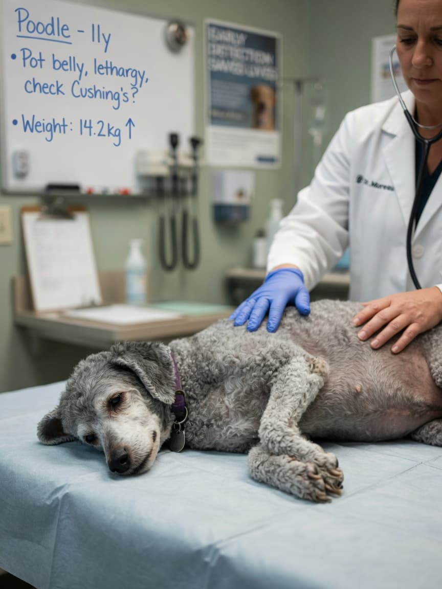 Senior Poodle receiving abdominal examination from veterinarian at clinic