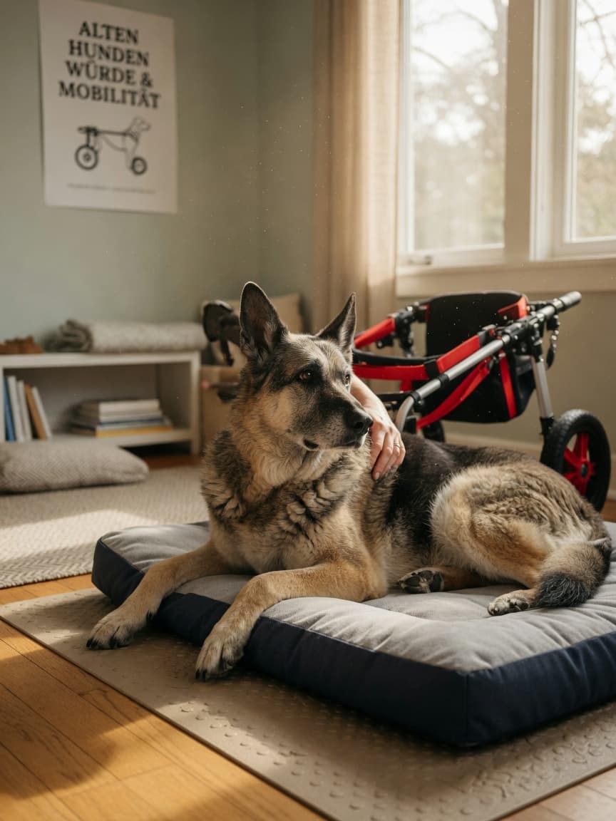 Senior German Shepherd with wheeled mobility cart resting on orthopedic bed by sunlit window