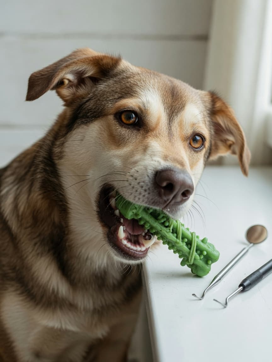 Dog actively chewing on a green dental chew with veterinary dental tools nearby on a clean surface, symbolizing professional oral health care.