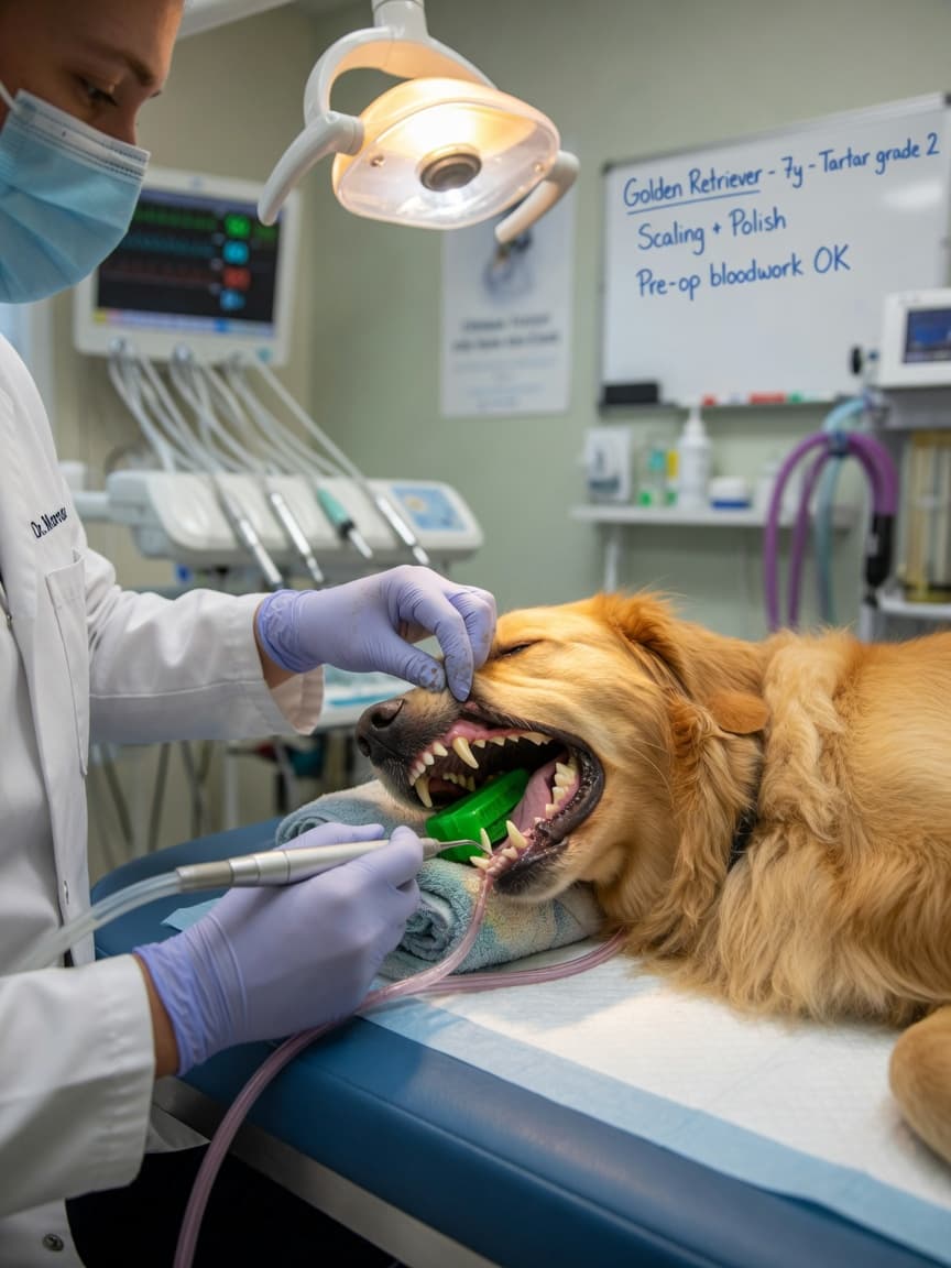 Veterinary dentist performing professional dental cleaning on an anesthetized golden retriever using ultrasonic scaling instruments
