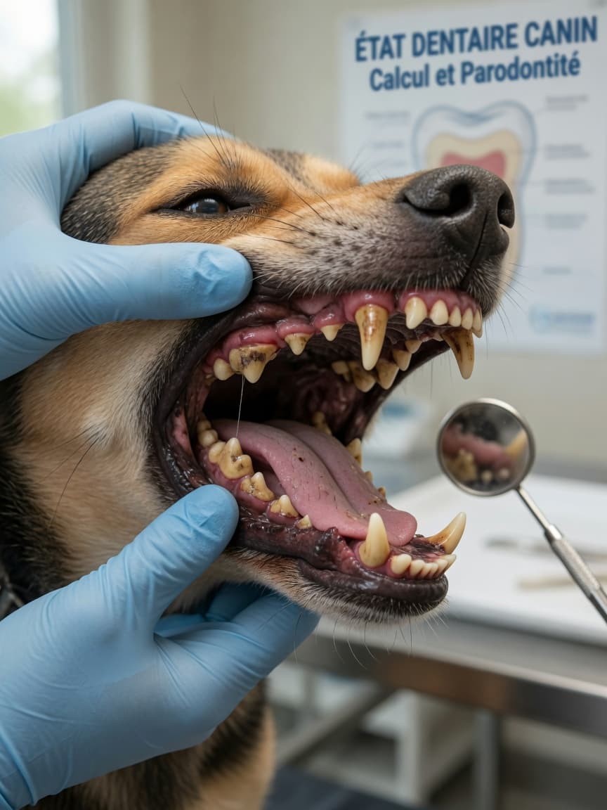 Close-up of a dog's mouth showing tartar buildup and inflamed gums being examined by a veterinarian