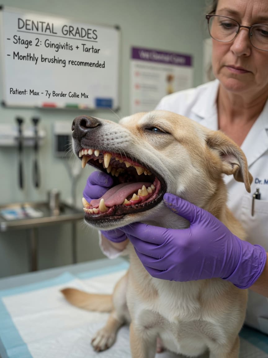 Veterinarian examining a dog's teeth during a dental checkup, showing tartar buildup and inflamed gums