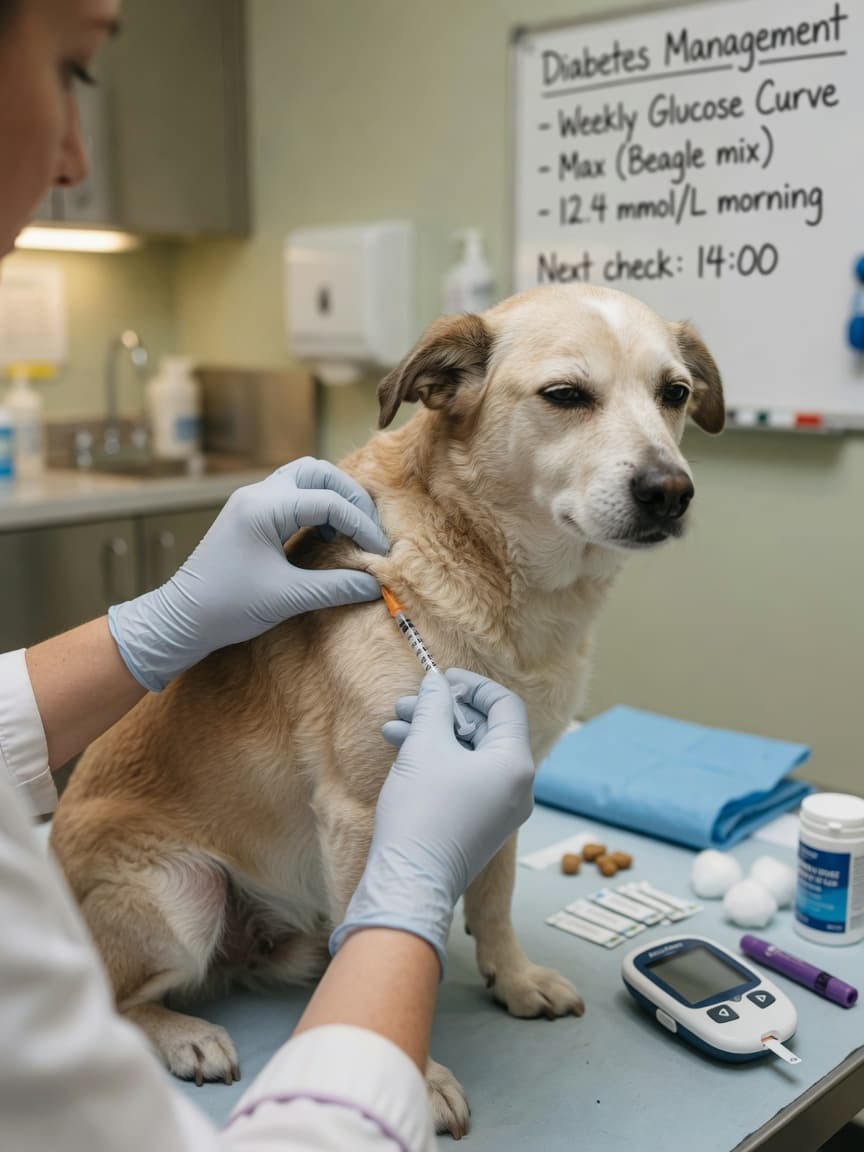 Veterinarian administering insulin injection to a dog on an examination table with glucose monitoring supplies nearby