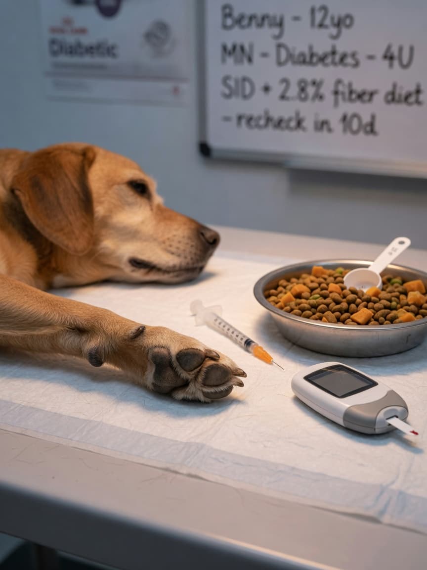 Diabetic dog's paw on vet table with insulin syringe and glucose monitor