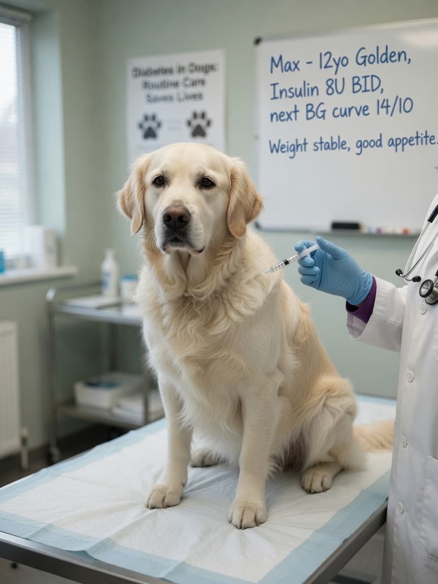 Veterinarian preparing to administer insulin injection to a calm golden retriever on an examination table