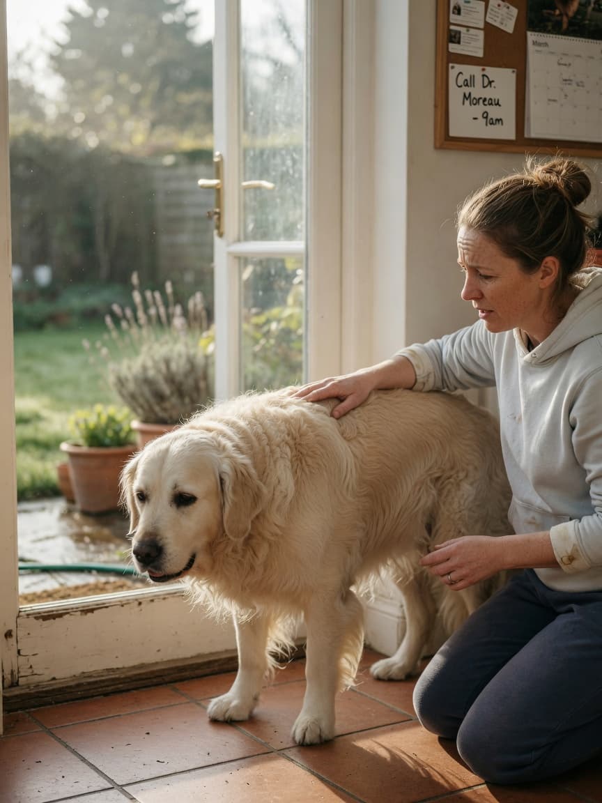 Concerned dog owner checking on a golden retriever with signs of digestive distress in a home setting