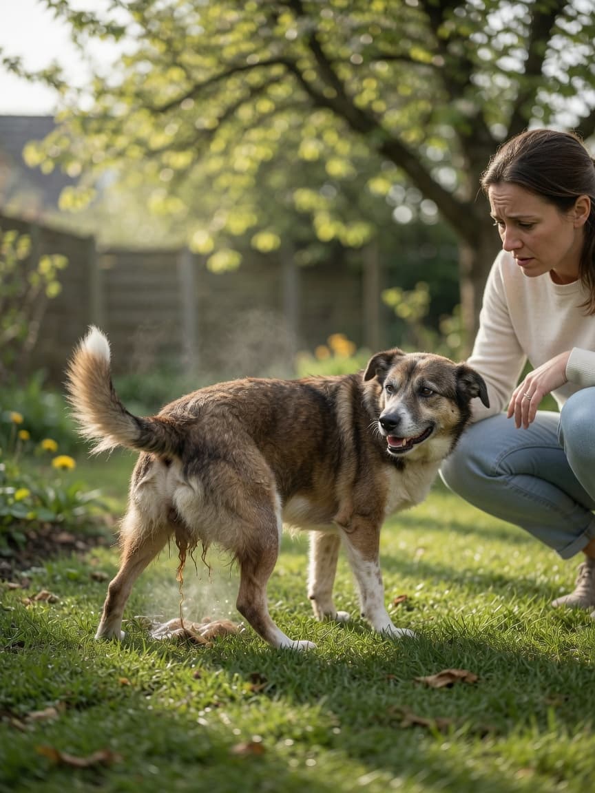 Dog with diarrhoea in garden with concerned owner nearby observing