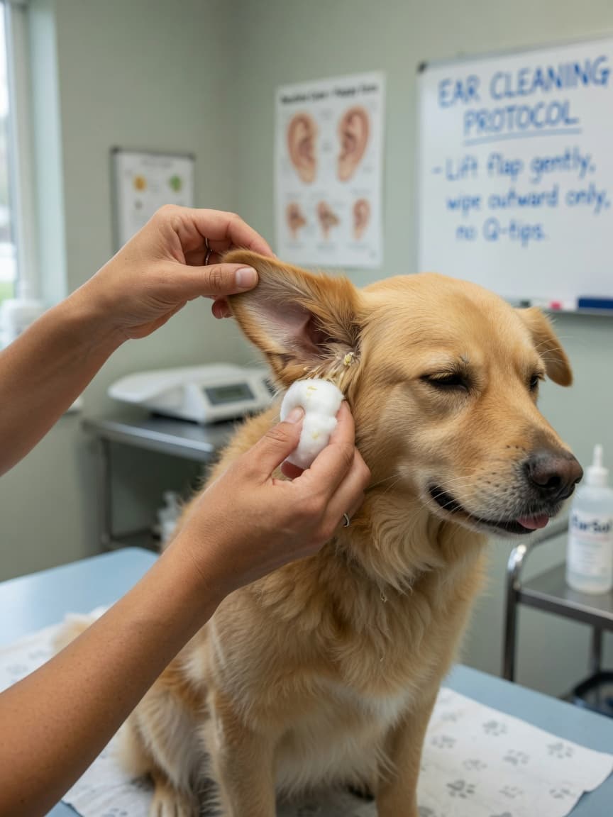 Veterinarian cleaning a dog's ear with cotton ball and solution during professional examination