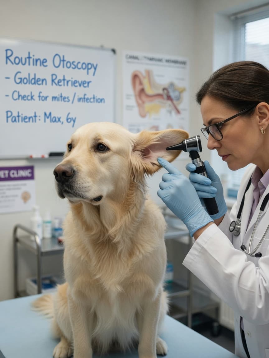 Veterinarian examining a golden retriever's ear with an otoscope during a clinical examination