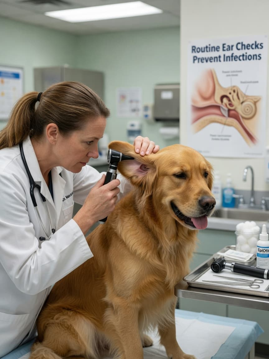 Veterinarian examining a Golden Retriever's ear with an otoscope during a clinical examination