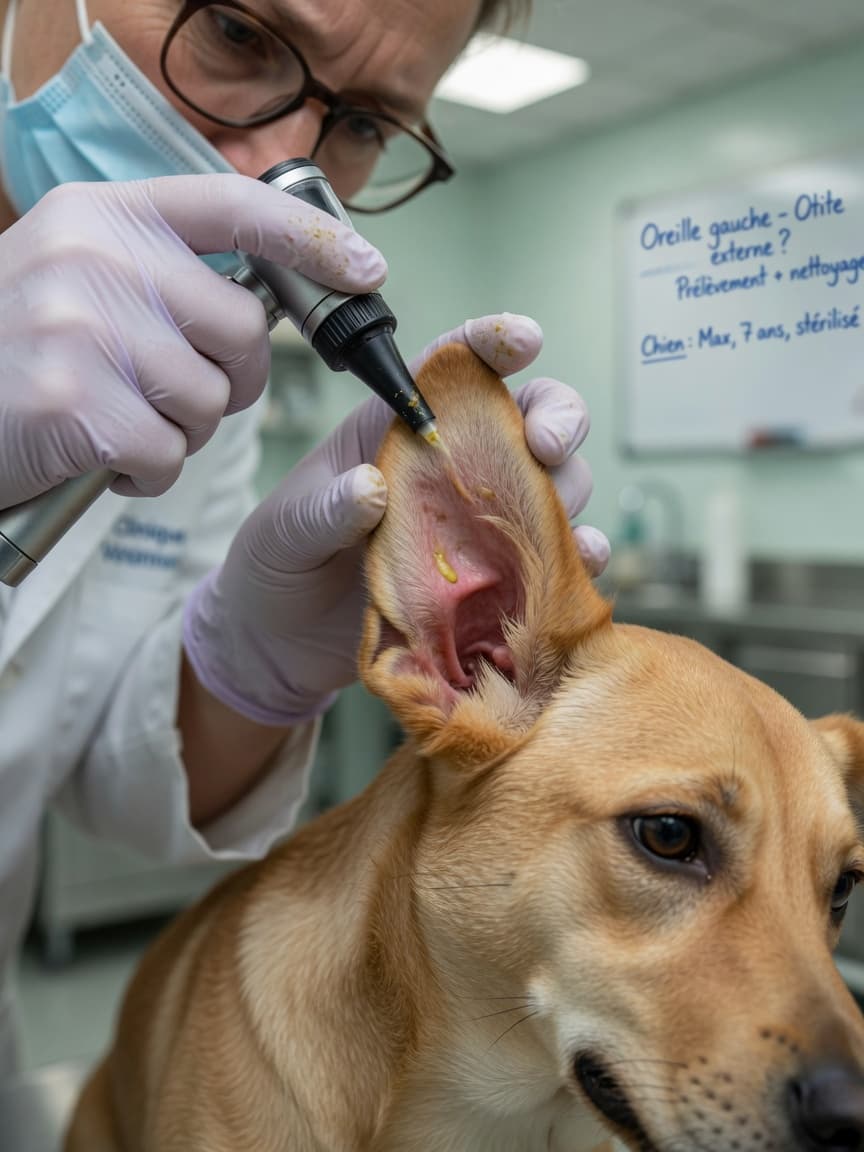 Veterinarian examining dog's ear canal with otoscope during ear infection diagnosis