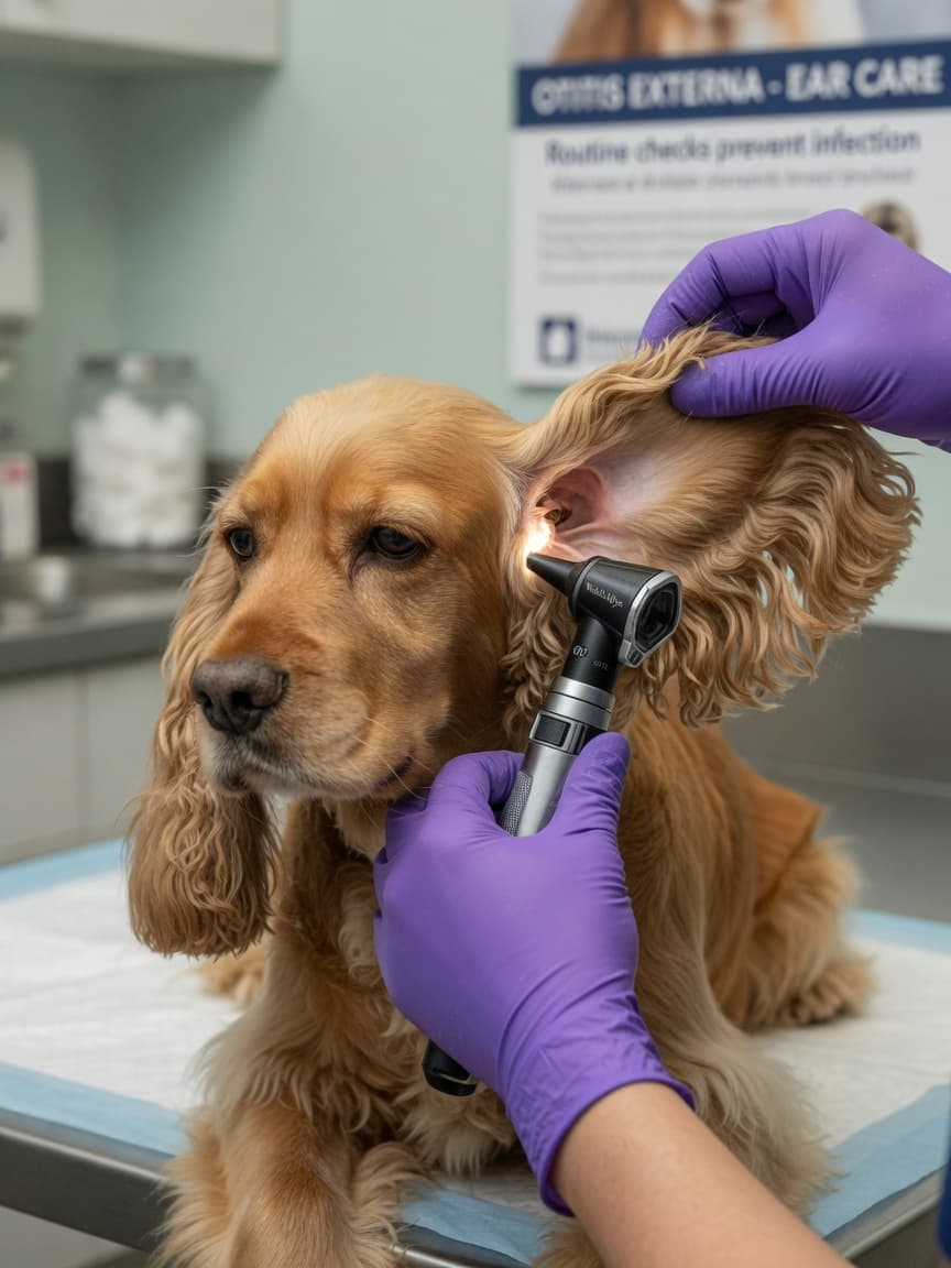 Veterinarian performing otoscope examination of Cocker Spaniel's ear during diagnostic assessment