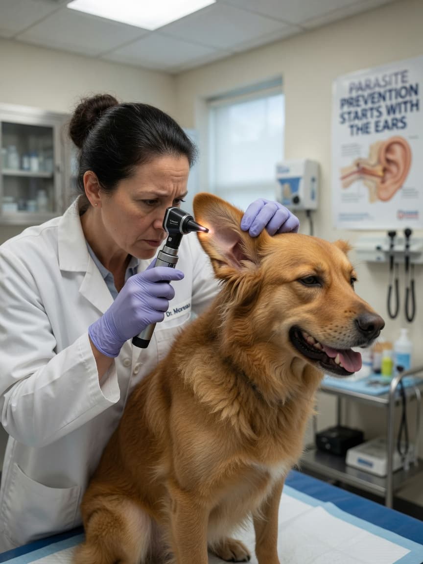 Veterinarian performing otoscopic examination of dog's ear to diagnose ear mites