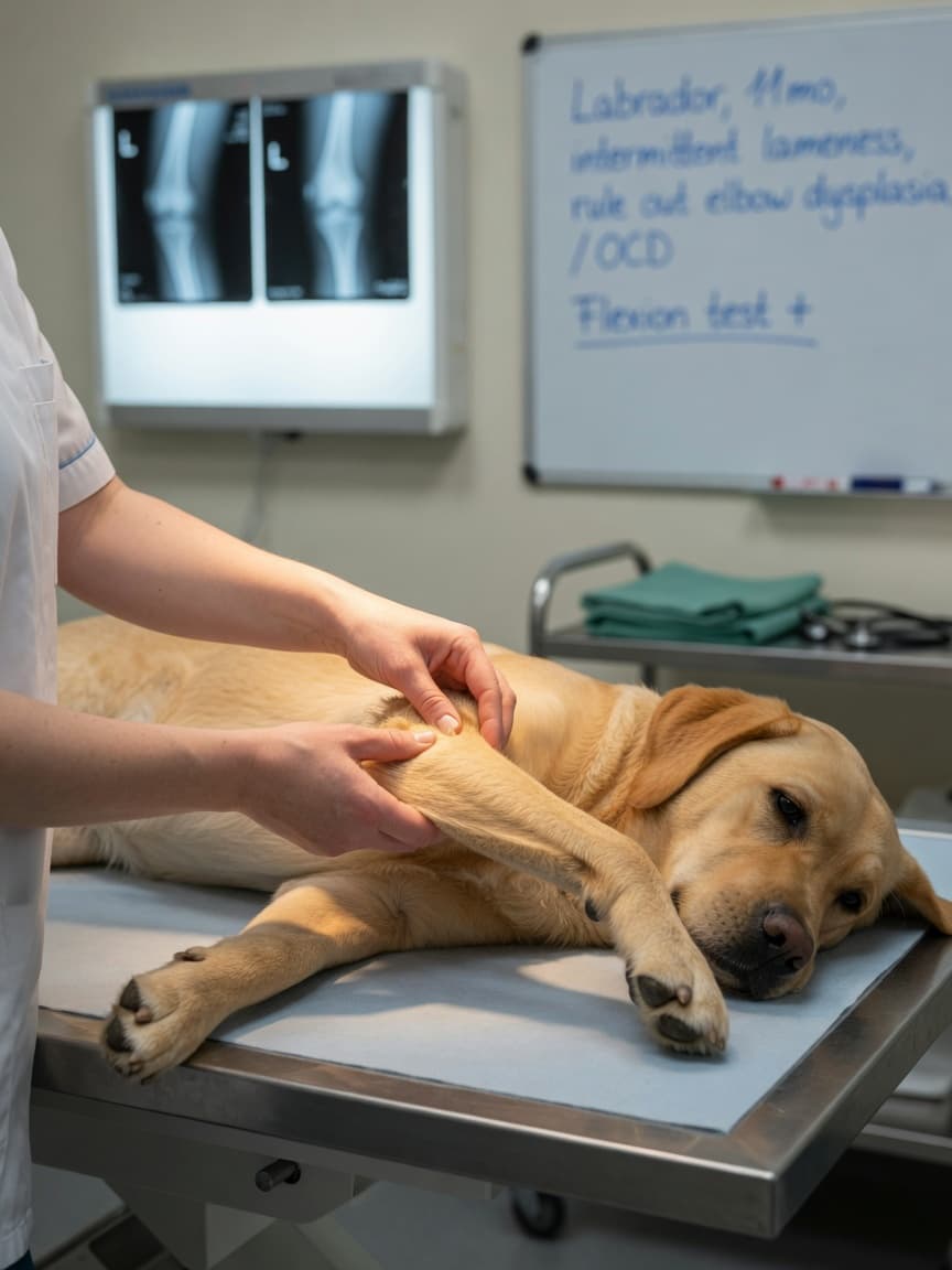 Veterinary specialist examining a young Labrador Retriever's elbow during diagnostic assessment