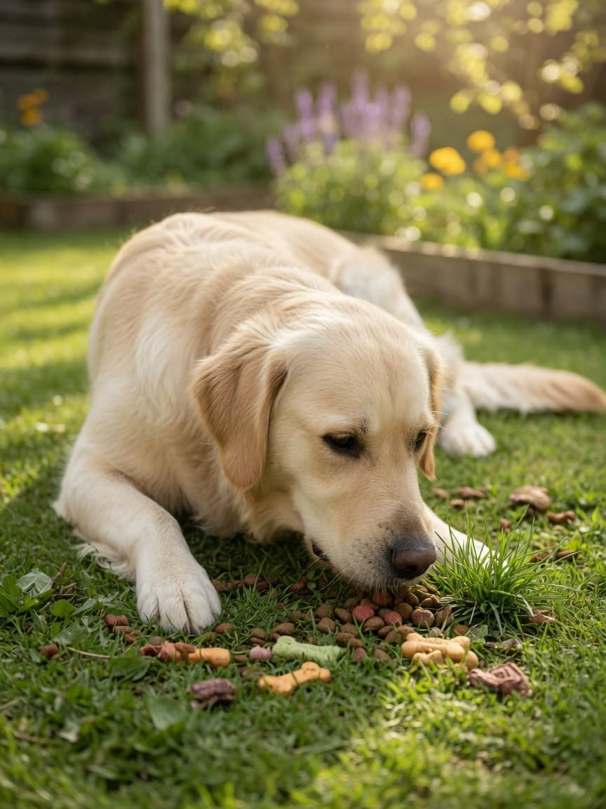 Golden retriever sniffing scattered kibble in grass during enrichment foraging activity