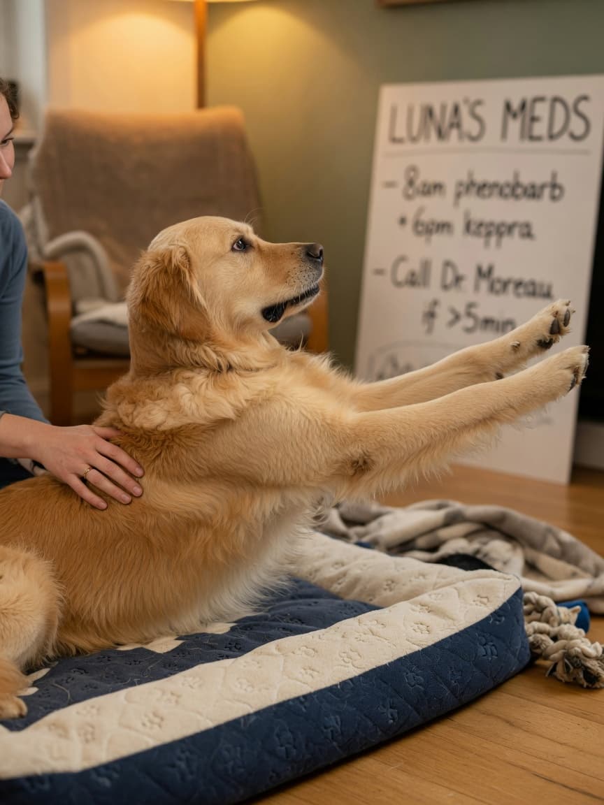 Golden Retriever dog in seizure on soft bed with owner's hand nearby providing comfort and safety