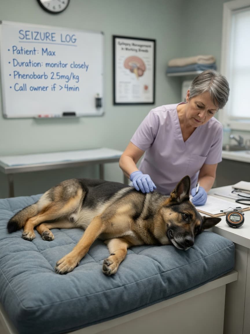 German Shepherd experiencing a tonic-clonic seizure during veterinary examination with vet monitoring seizure duration