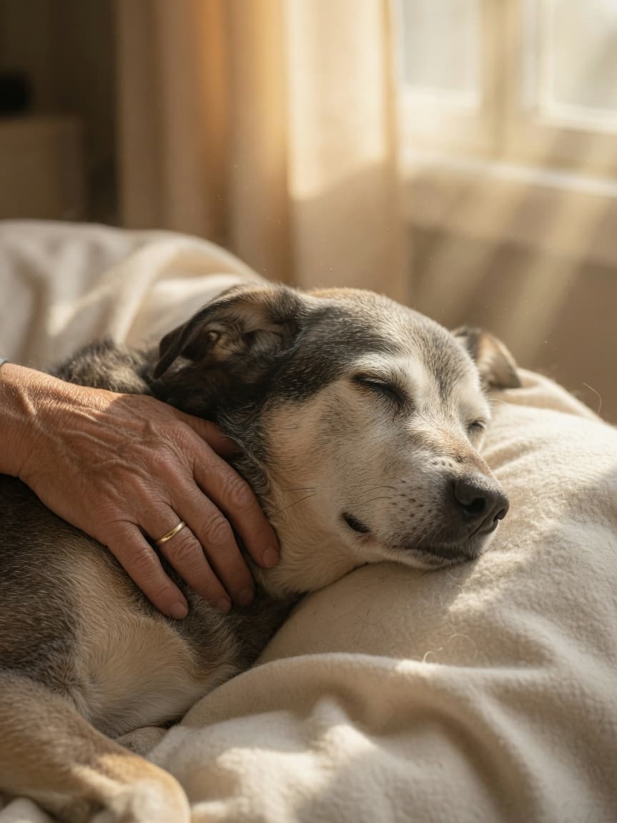 Elderly dog resting peacefully on a soft blanket in warm sunlight with owner's hand gently on their fur