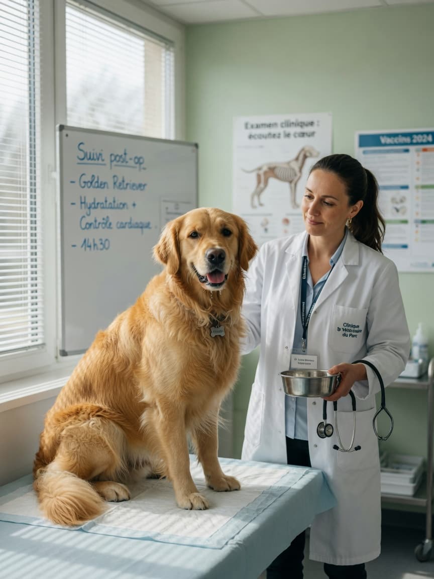 Golden retriever at vet clinic with water bowl and stethoscope visible