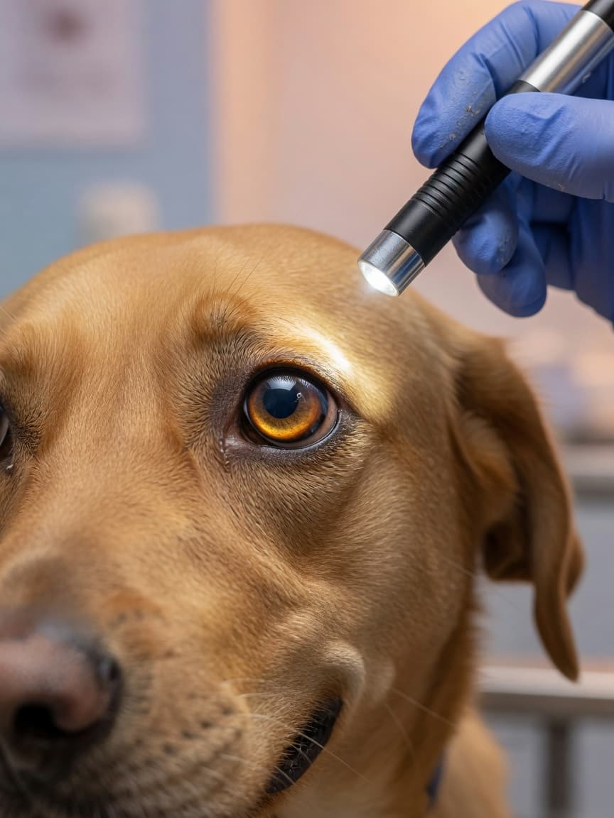 Veterinarian gently examining a dog's eye with a penlight during clinical examination