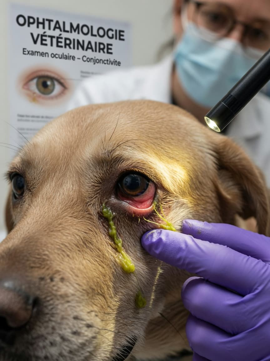 Veterinarian examining a dog's infected eye during a close-up eye exam, showing yellow-green discharge